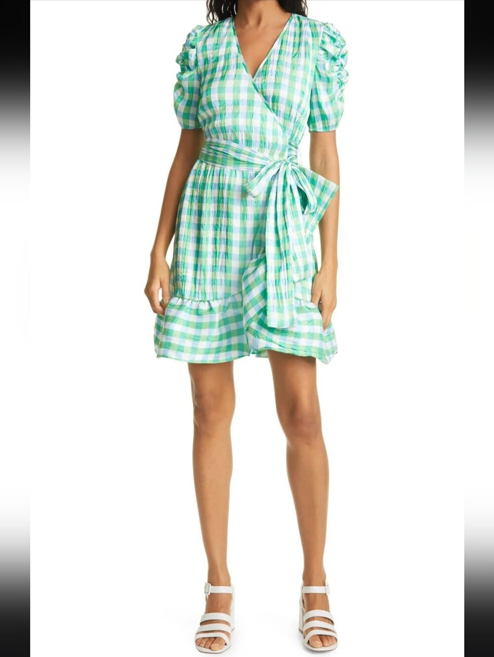 Tanya Taylor Natasha Check Wrap Green Gingham Wrap Mini Dress with Puff Sleeves